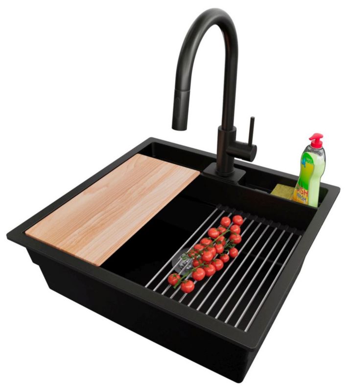 Zlewozmywak Granitowy Bergen Double Pocket PRIMAGRAN Nablatowy 56x54cm do Szafki od 60cm, Czarny + Bateria + Syfon, S105, 1 szt.