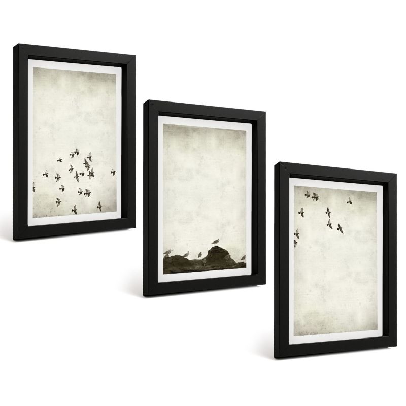 Komplet 3 Obrazów w Czarnej Ramie ArtPrintCave 20x30 cm Grafika Ścienna Ptaki w locie styl minimalistyczny 1 kpl.
