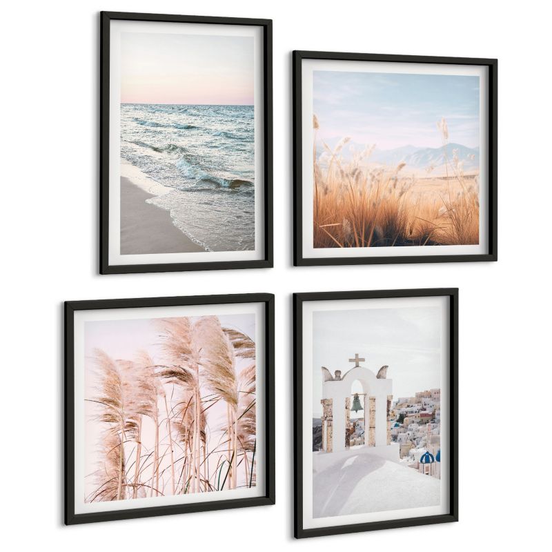Galeria 4 Obrazów ArtPrintCave (2x50x50+2x40x60cm) Czarna rama Rośliny fale morza widok domy 1 kpl.