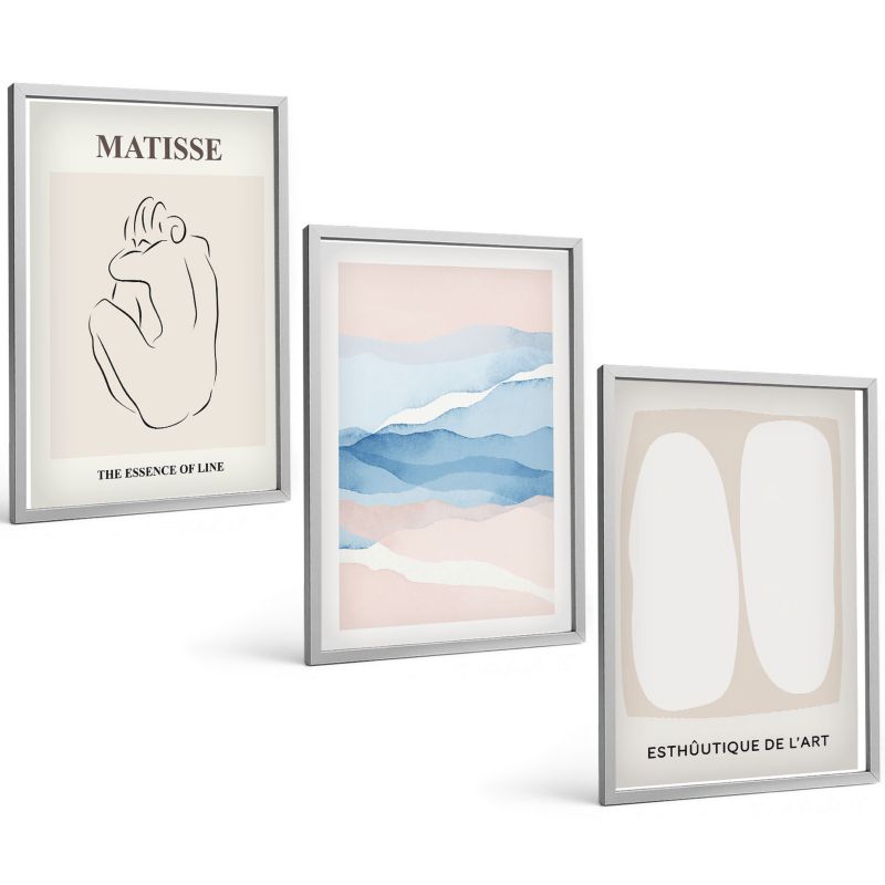 Zestaw Obrazów 3 Częściowy ArtPrintCave Srebrne Ramki 40x60 cm Dekoracja do Sypialni Abstrakcyjne formy Matisse 1 kpl.