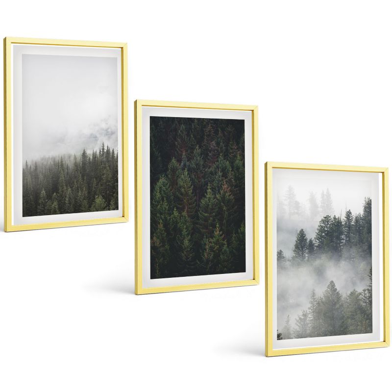 Zestaw Obrazów 3 Częściowy ArtPrintCave Złote Ramki 40x60 cm Dekoracja do Sypialni Zielone lasy mgła natura 1 kpl.