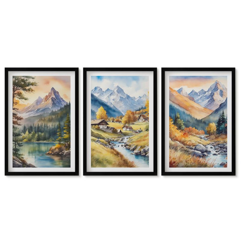 Tryptyk w czarnej ramie Tulup 40x60 cm Górski krajobraz z rzeką Dekoracja ścienna do przedpokoju 1 kpl