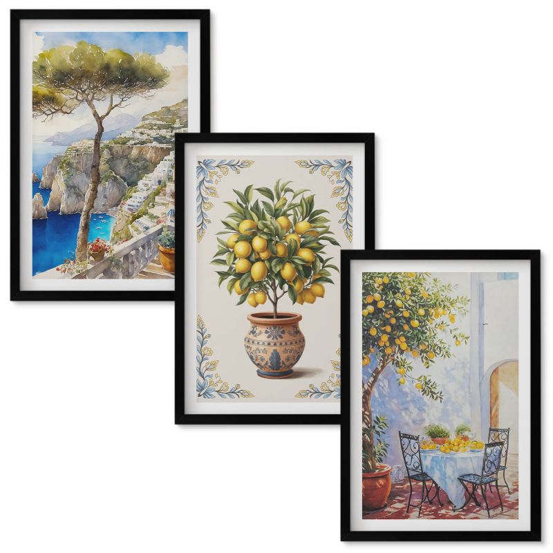 Obrazy do Salonu Wallfluent Morze drzewo cytrynowe stół Czarna rama 40x60 cm 3 szt.