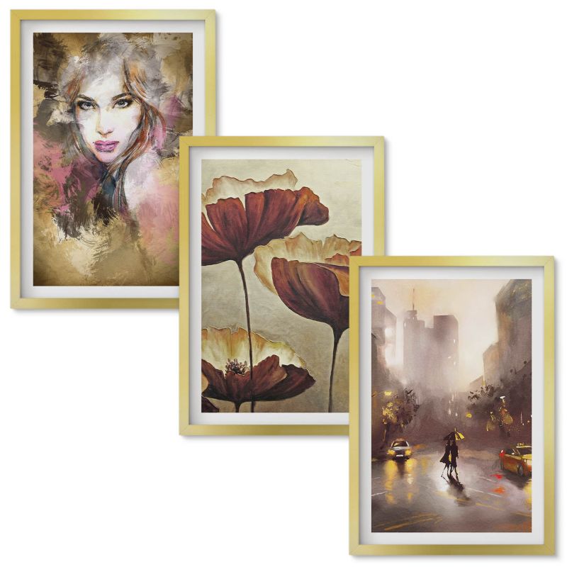 Set Obrazów w Ramie Wallfluent Abstrakcyjny portret kobiety kwiaty deszcz Złota rama 40x60 cm 3 szt.