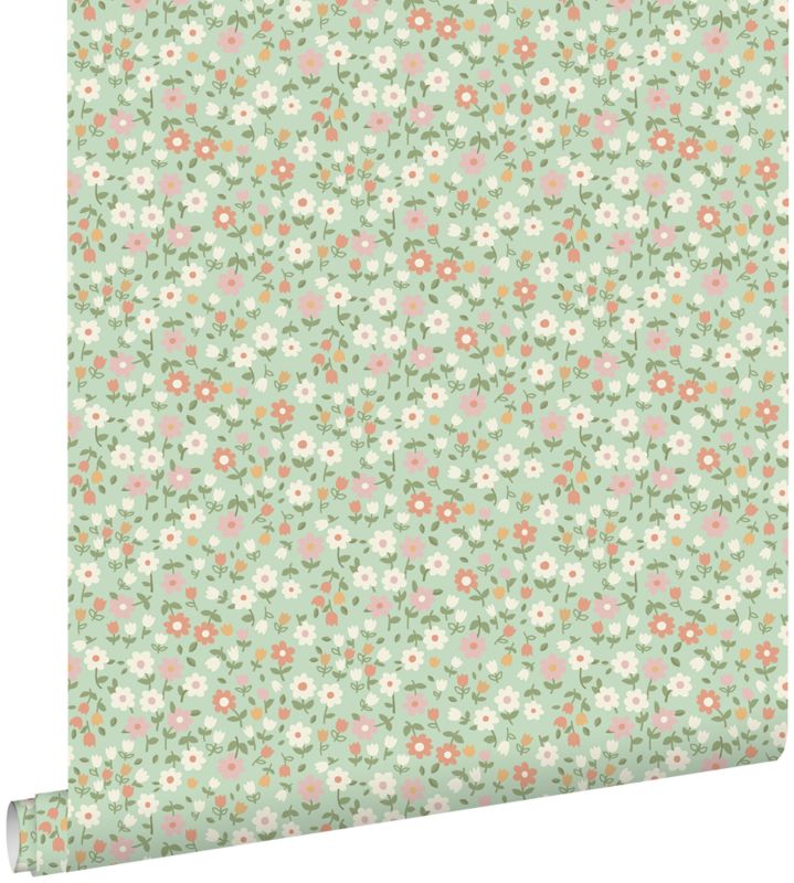 Tapeta ESTAhome kwiaty zielonym,terakoty różowejIbiałym 50 x 900 cm - 1 rol.