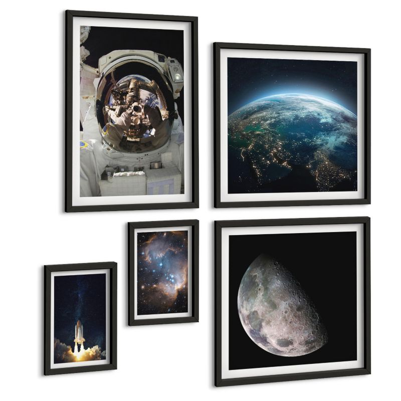 Pięcioczęściowy Zestaw Obrazów ArtPrintCave (2x50x50+2x20x30+40x60cm) Czarna rama Kosmos Ziemia rakieta galaktyka 1 kpl.