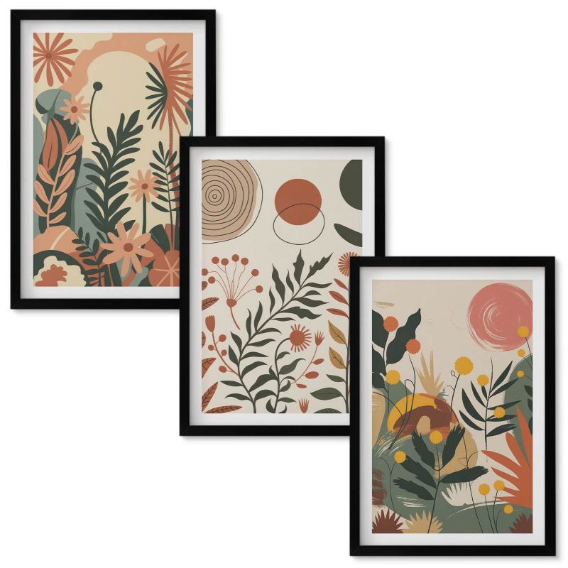 Obrazy Do Sypialni Wallfluent Roślinne wzory vintage pastel Czarna rama 40x60 cm 3 szt.