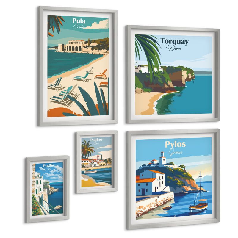 Galeria 5 Obrazów ArtPrintCave (2x50x50+2x20x30+40x60cm) Srebrna rama Włoskie miasteczka nadmorskie 1 kpl.