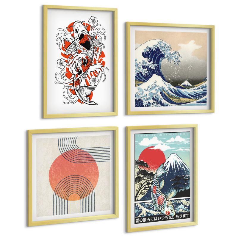 Komplet 4 Obrazów ArtPrintCave (2x50x50+2x40x60cm) Złota rama Ilustracje gór ryb fala Japonia 1 kpl.