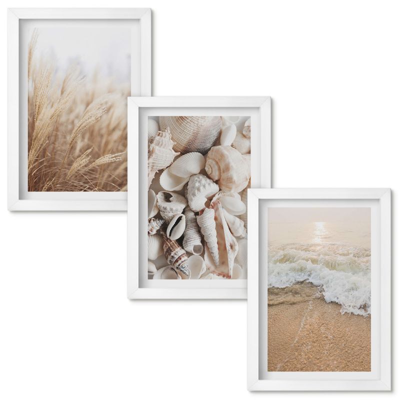 Zestaw obrazów Wallfluent Plażowe motywy muszle fale Biała rama 20x30cm 3 szt.