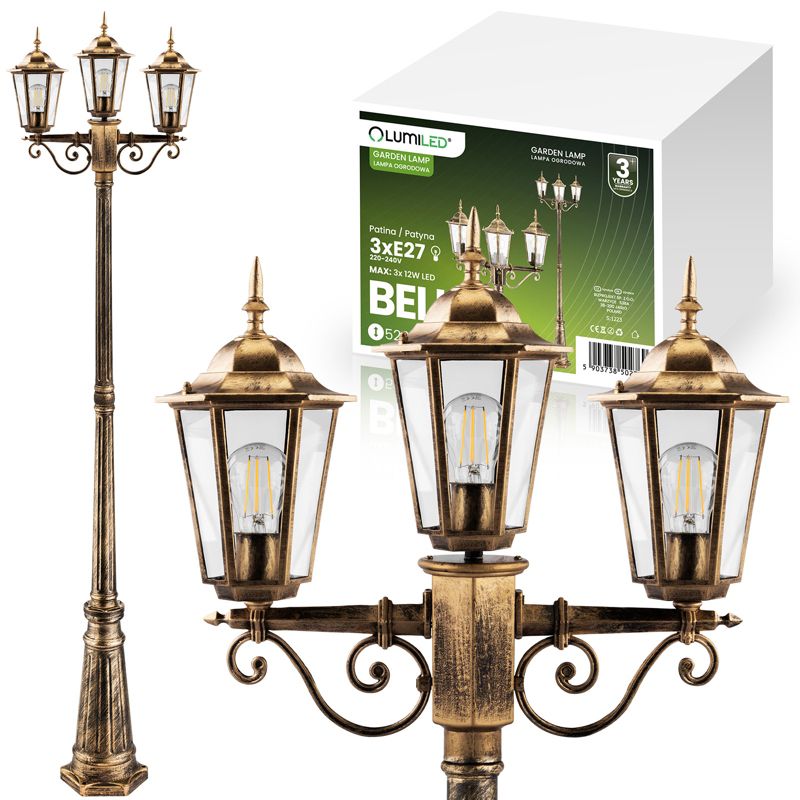 Lampa Ogrodowa Lumiled Zewnętrzna 3x E27 Słupek Latarnia 2m Patyna 1 szt.