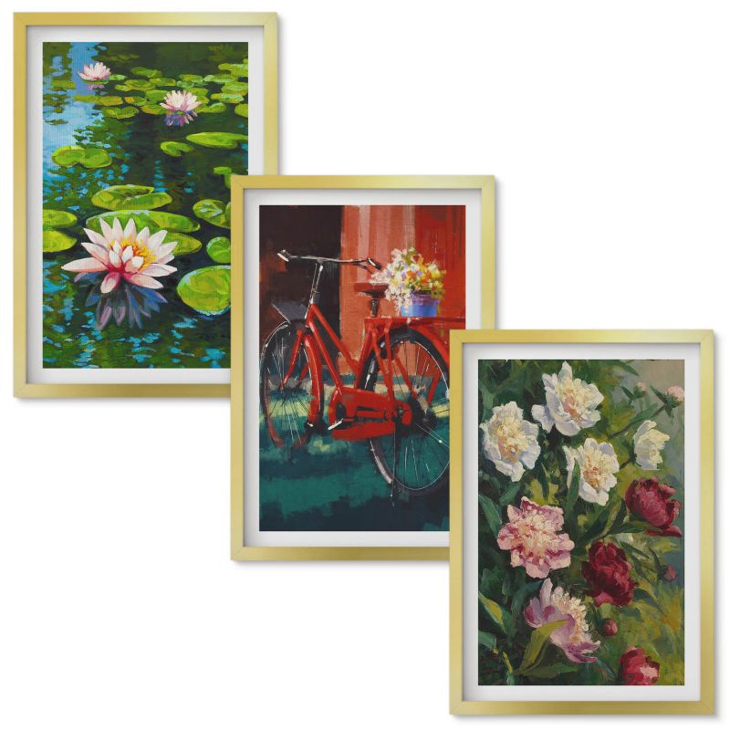 Tryptyk Obrazów w Ramie Wallfluent Lilie w ogrodzie kolorowe kwiaty Złota rama 40x60 cm 3 szt.