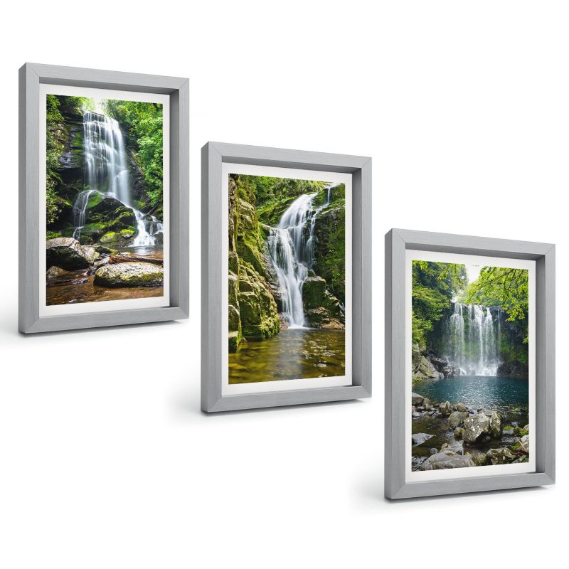 Zestaw 3 Obrazów w Srebrnej Ramie ArtPrintCave 20x30 cm Galeria Ścienna Wodospady zielone otoczenie 1 kpl.