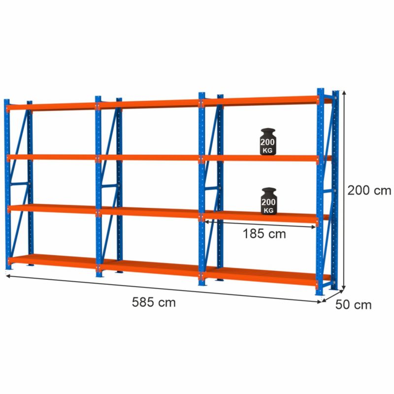 Regał metalowy magazynowy warsztatowy Mega-M Fortis Light 4-półkowy zestaw 3 moduły 200x585x50 cm 3szt.