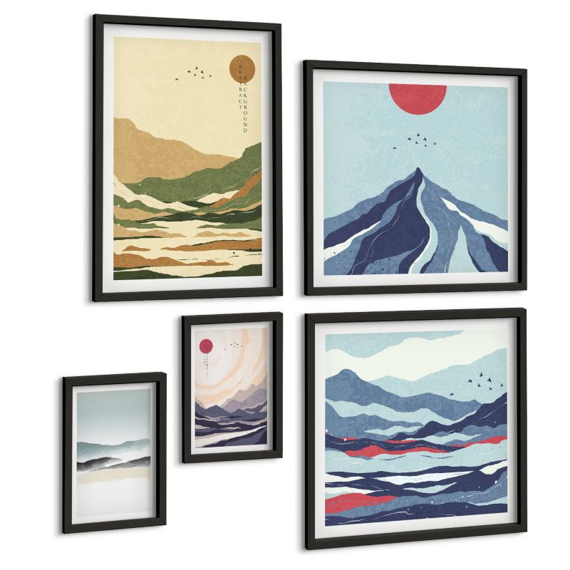 Komplet 5 Obrazów ArtPrintCave (2x50x50+2x20x30+40x60cm) Czarna rama Góry minimalistyczne pastele 1 kpl.