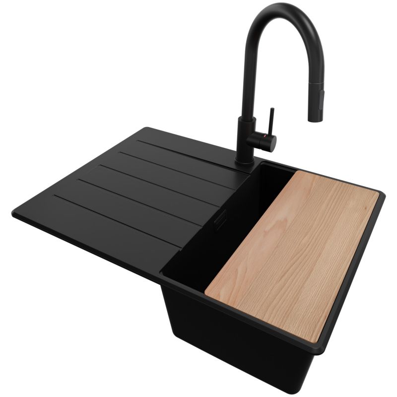 Zlewozmywak Granitowy Kopenhaga Top PRIMAGRAN Nablatowy 70x50cm, Cały Czarny + Bateria + Syfon + Akcesorium, S170, 1 szt.