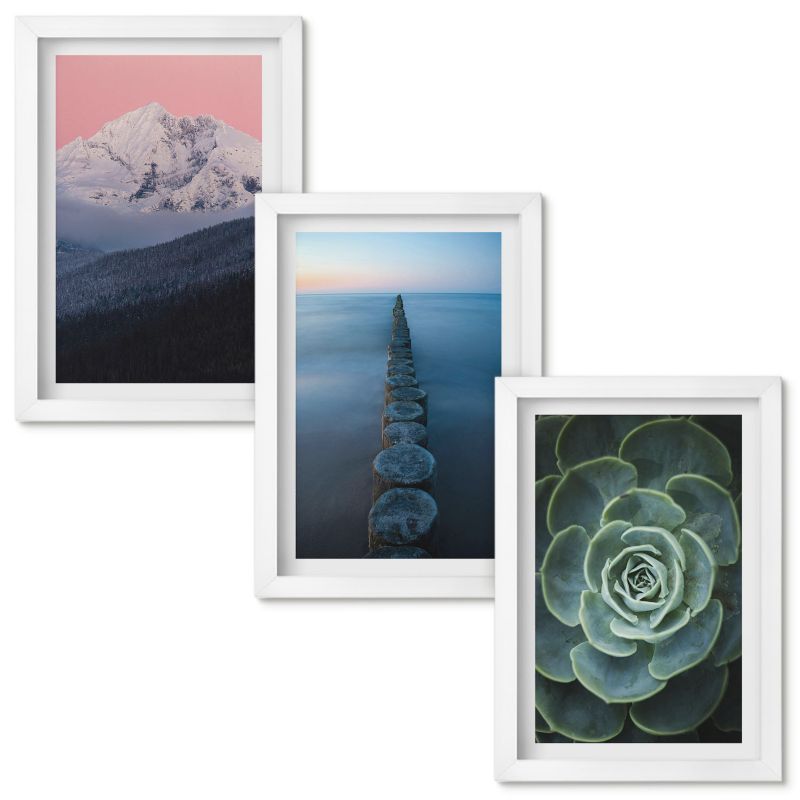 Obrazy Do Sypialni Wallfluent Góry różowe niebo woda sukulent Biała rama 20x30cm 3 szt.