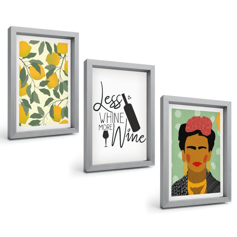 Zestaw 3 Obrazów w Srebrnej Ramie ArtPrintCave 20x30 cm Galeria Ścienna Cytryny wino portret Fridy 1 kpl.