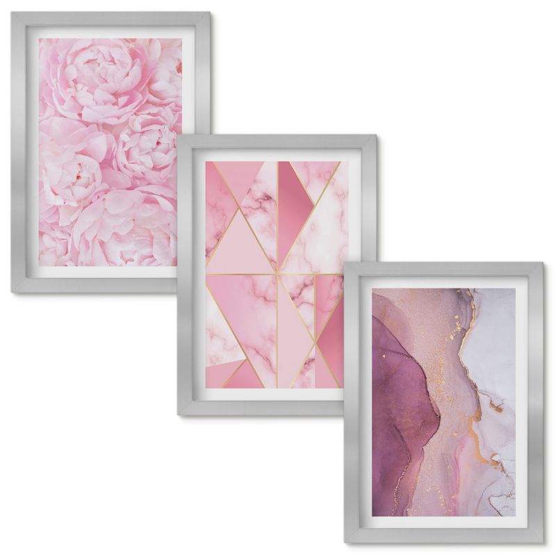 Zestaw obrazów Wallfluent Różowe piwonie geometryczne Srebrna rama 20x30cm 3 szt.