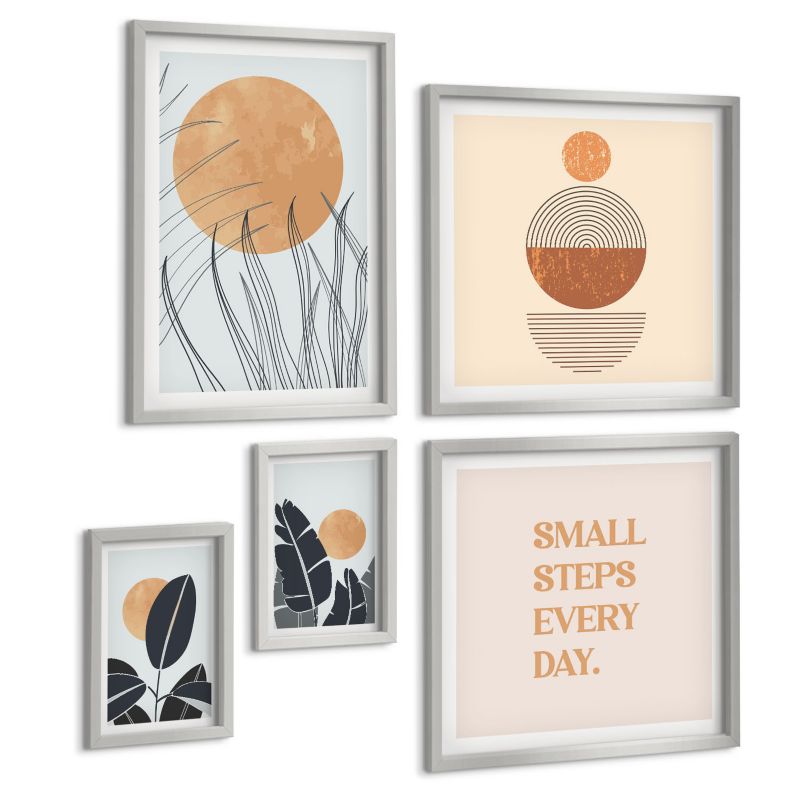 Zestaw 5 Obrazów ArtPrintCave (2x50x50+2x20x30+40x60cm) Srebrna rama Las mgła rzeka szklarnia rośliny 1 kpl.
