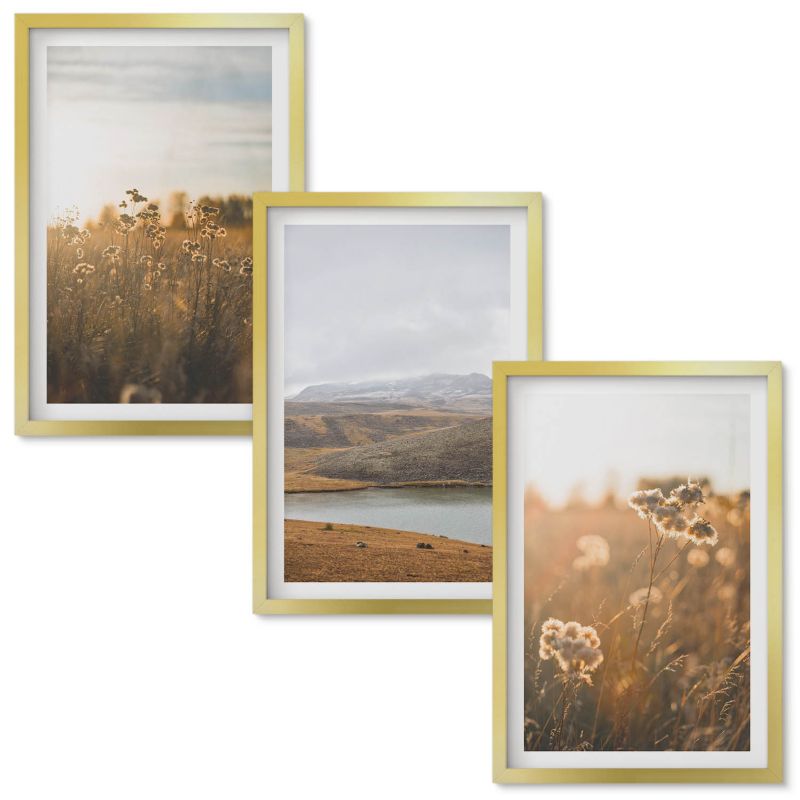 Obrazy Do Sypialni Wallfluent Krajobrazy łąki góry jezioro Złota rama 40x60 cm 3 szt.