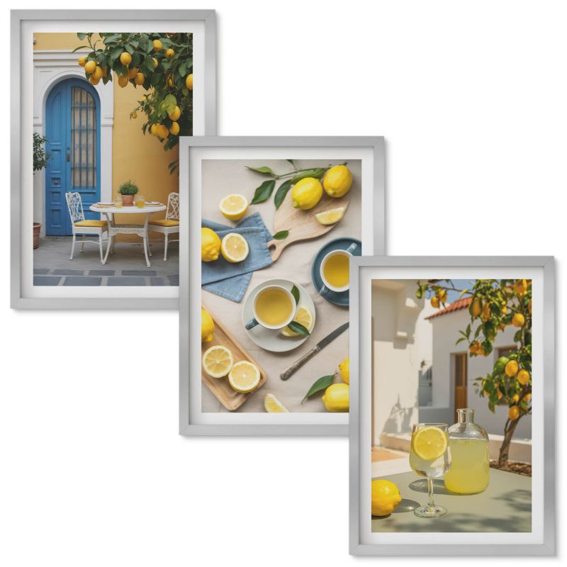 Set Obrazów w Ramie Wallfluent Cytryny lemoniada niebieskie drzwi Srebrna rama 40x60 cm 3 szt.