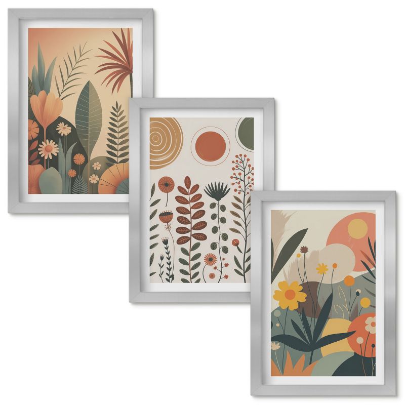 Zestaw obrazów Wallfluent Boho roślinne wzory natura Srebrna rama 20x30cm 3 szt.