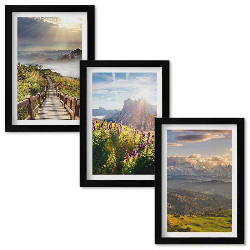 Obrazy do Salonu Wallfluent Górski krajobraz z kwiatami Czarna rama 20x30cm 3 szt.