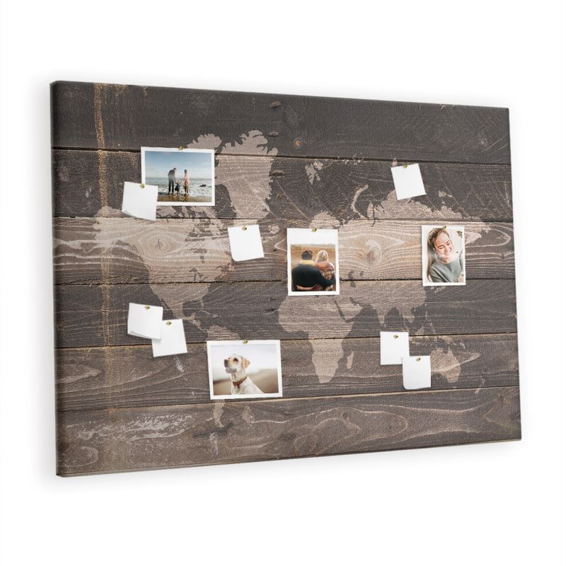 Tablica Korkowa Na Płótnie Tulup 140x100 cm Mapa świata na drewnie Ozdobna loft Pinezki metaliczne 1 kpl