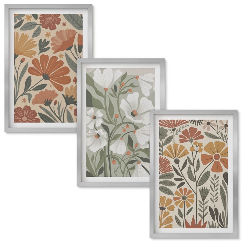 Set Obrazów w Ramie Wallfluent Kwiatowe wzory pomarańczowe zielone Srebrna rama 40x60 cm 3 szt.