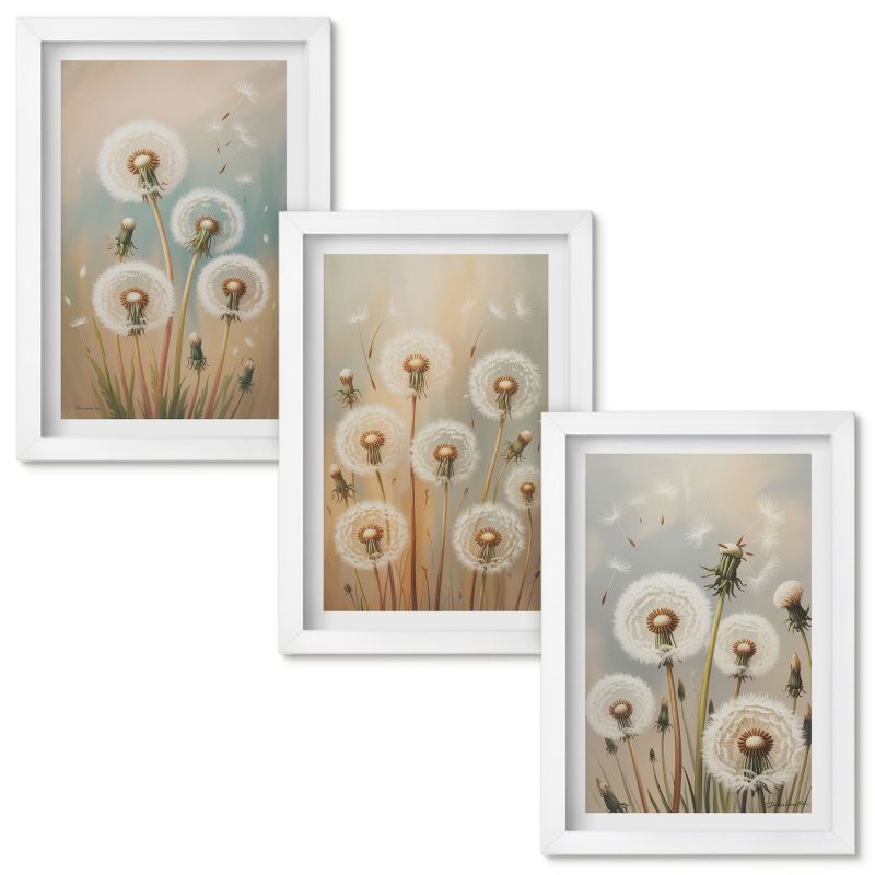 Obrazy Do Sypialni Wallfluent Kwiaty dmuchawców pastelowo Biała rama 20x30cm 3 szt.