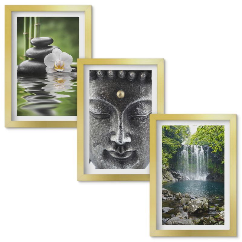 Tryptyk w Ramie Wallfluent Harmonia kamienie woda Budda Złota rama 20x30cm 3 szt.