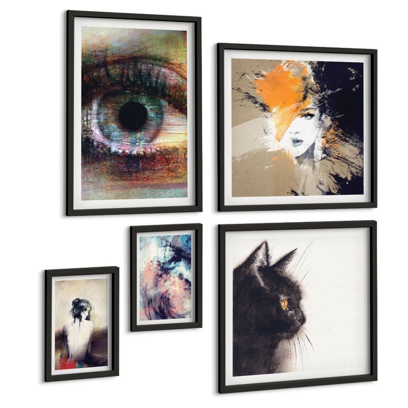 Komplet 5 Obrazów ArtPrintCave (2x50x50+2x20x30+40x60cm) Czarna rama Fale żółte szaro brązowe 1 kpl.