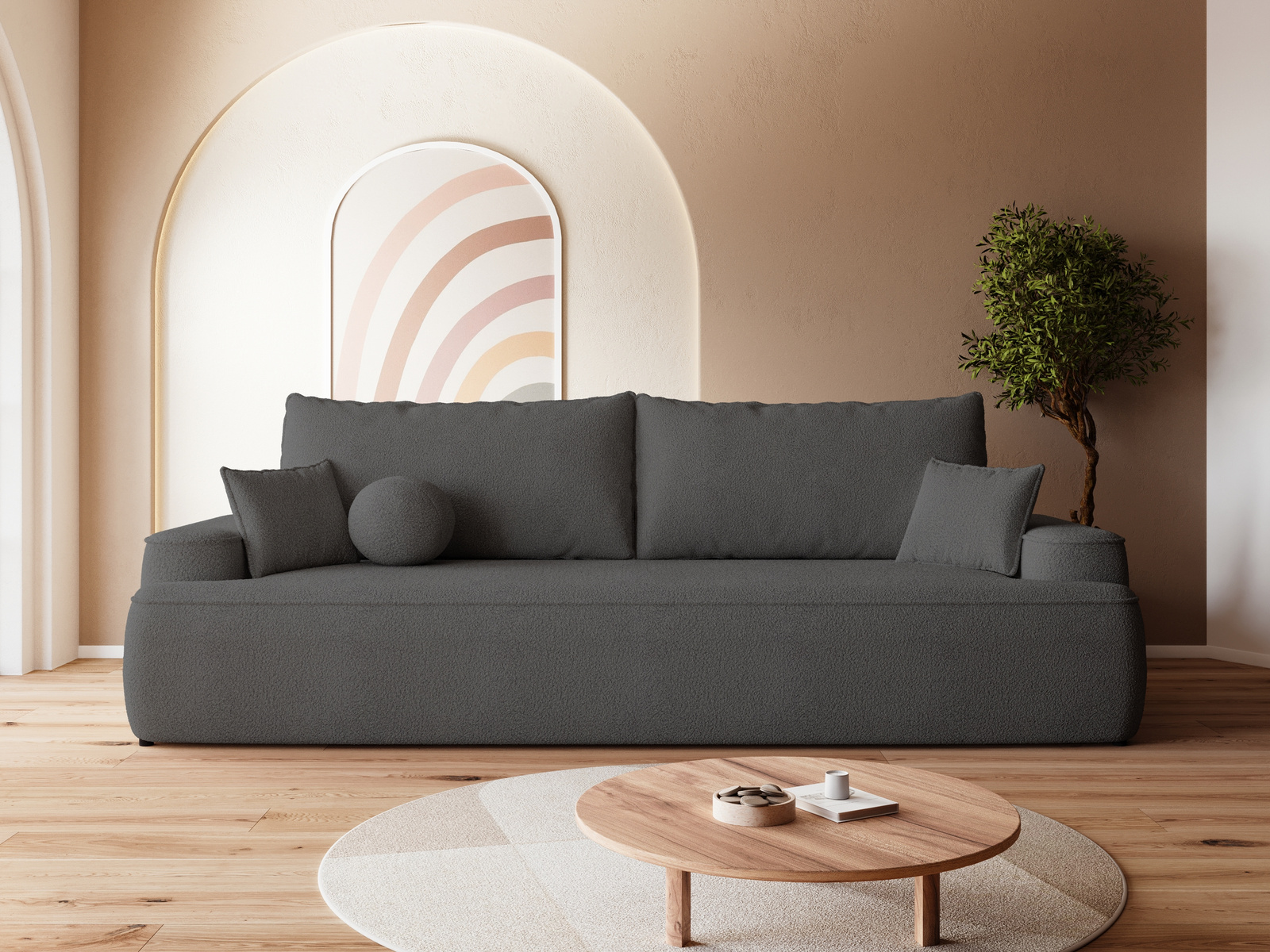 Ciemnoszara sofa z funkcją spania i pojemnikiem CARMELLO boucle