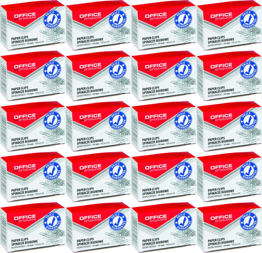 20x Spinacz Office Products, okrągły, 33mm, 100 sztuk, srebrny