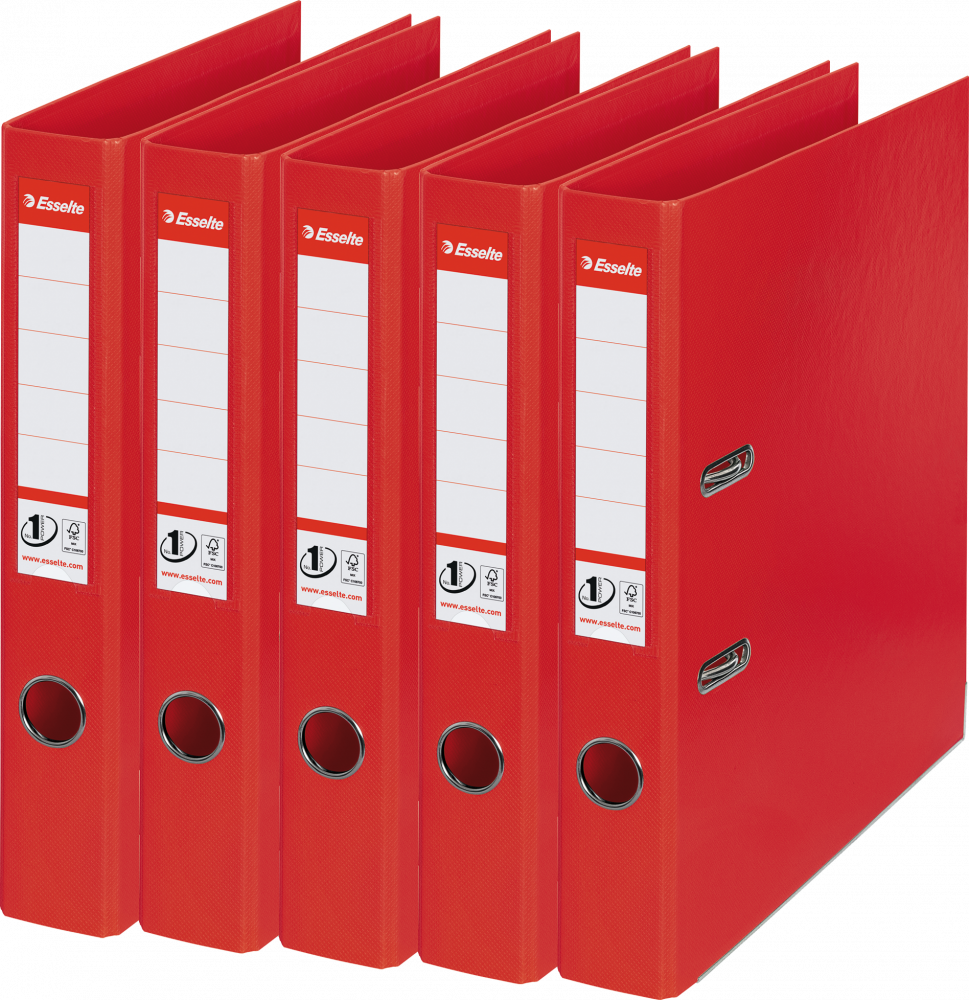 5x Segregator A4 Esselte No.1 Power, 50mm, do 350 kartek, 30% PP z recyklingu, czerwony