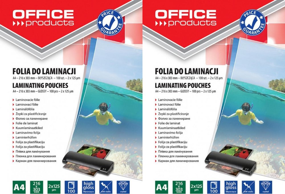 2x Folia do laminowania Office Products, A4, 2x125 μm, antystatyczna, 100 sztuk