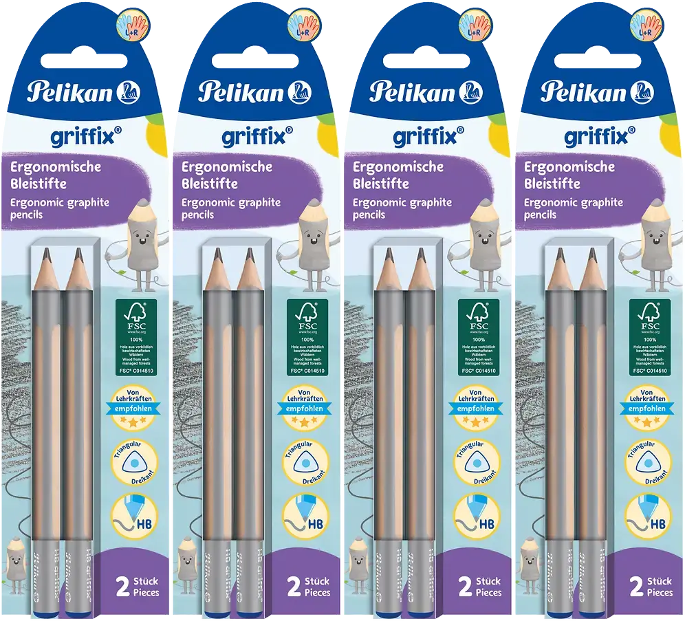 4x Ołówek Pelikan Griffix, HB, dla prawo- i leworęcznych, 2 sztuki, blister, szary