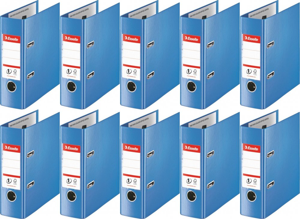 10x Segregator A5 Esselte No.1 Power, 75mm, do 500 kartek, 30% PP z recyklingu, niebieski