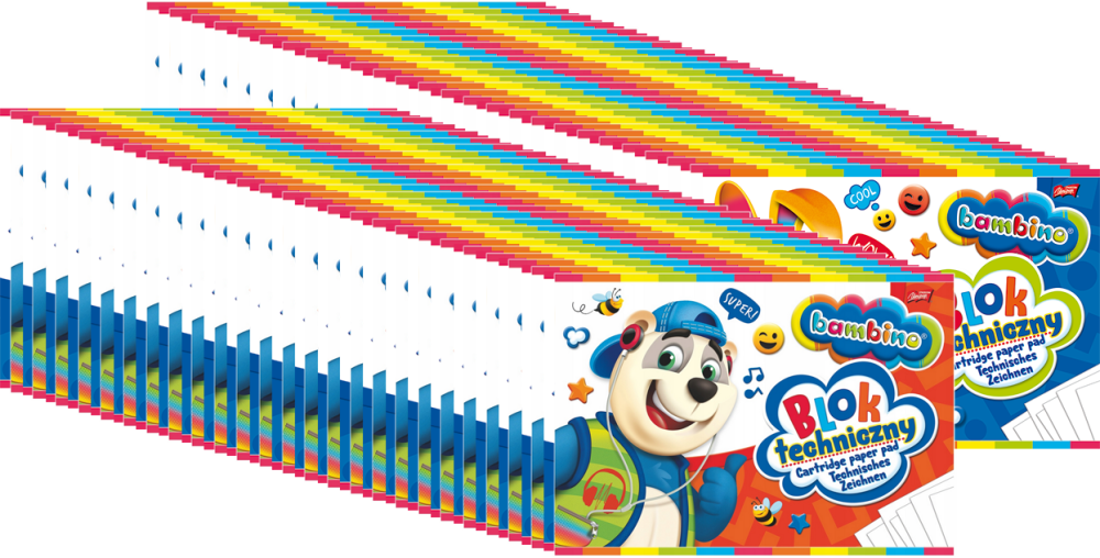 100x Blok techniczny Bambino Zwierzaki Uczniaki, A4, 10 kartek, biały