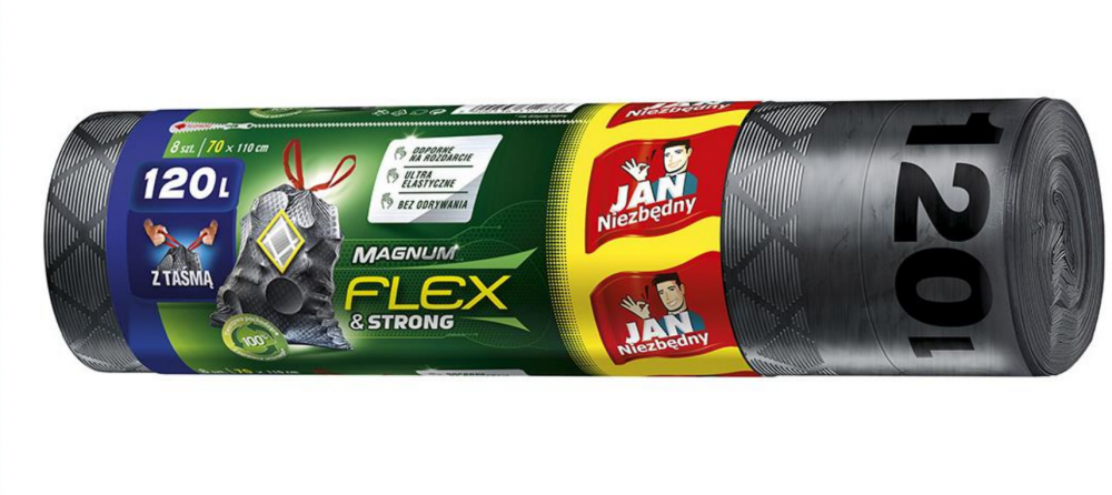 Worki na śmieci Jan Niezbędny Magnum Flex&Strong, z taśmą, na odpady zmieszane, 120l, 8 sztuk, grafitowy