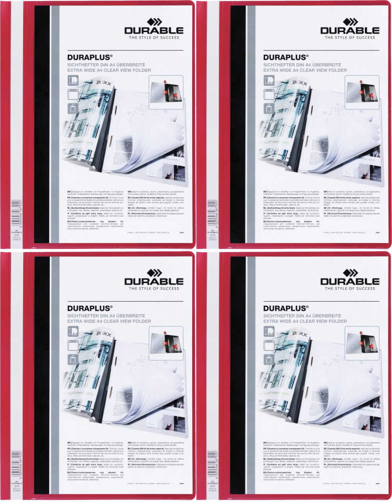 4x Skoroszyt plastikowy Duraplus Durable, A4, prezentacyjny, czerwony