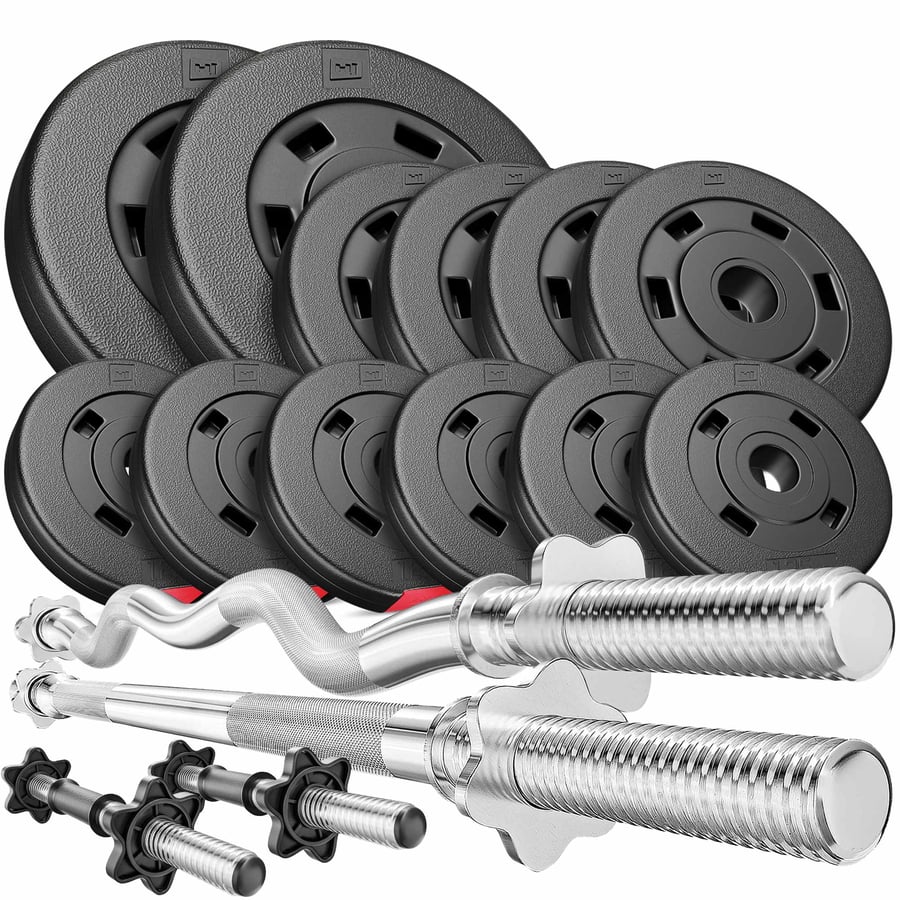 Set d’haltères en plastique 45 kg avec barre Curl EZ, barre de musculation longue et barres courtes