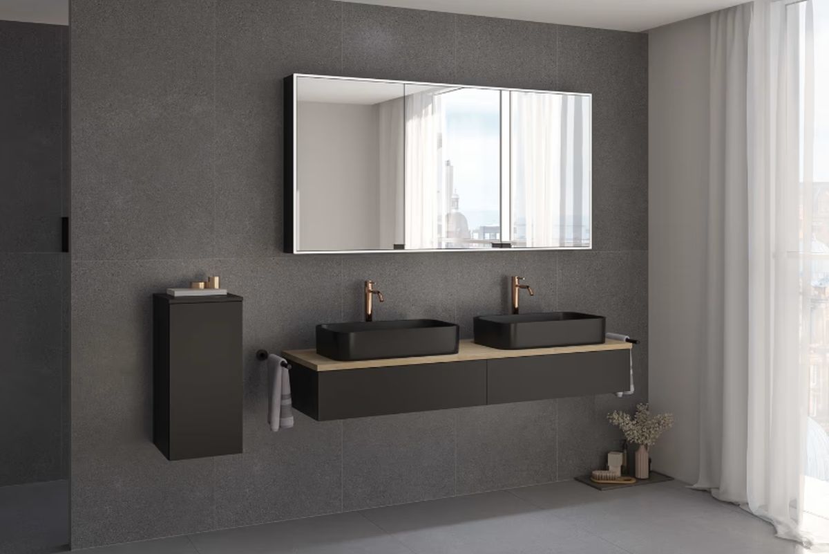Kronenbach Cube szafka z blatem 161x48,7x23,5 cm podumywalkowa wisząca czarny mat-jasny dąb KBWTKOWT1612SMGH