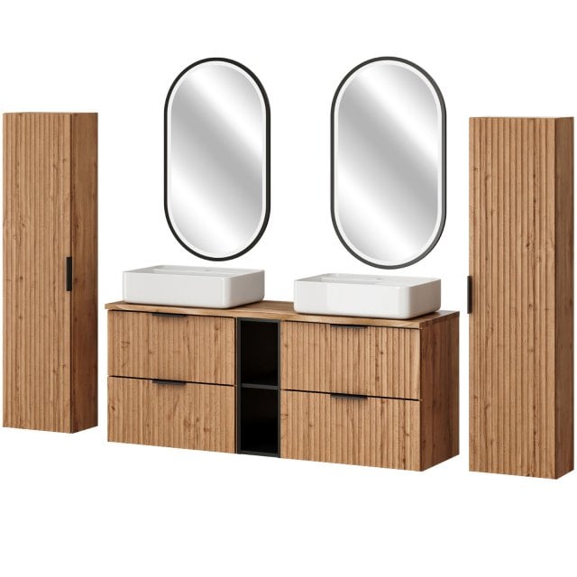 COMAD Zestaw mebli ADEL OAK 3 szafki, blat NATURE 140, 2 umywalki MAG