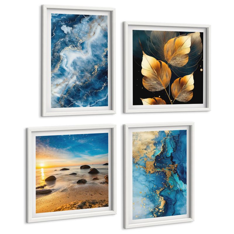 Galeria 4 Obrazów ArtPrintCave (2x50x50+2x40x60cm) Biała rama Niebieskie złote wzory obrazy 1 kpl.