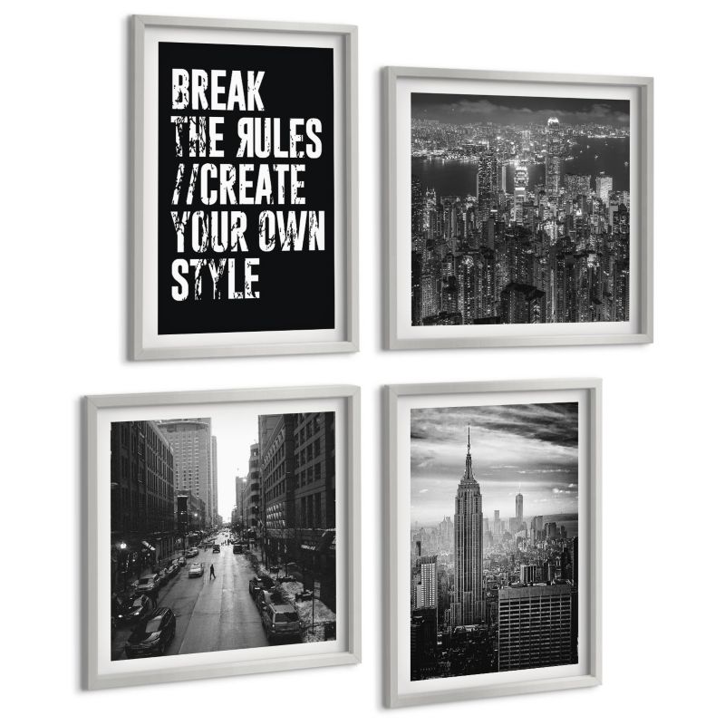 Zestaw 4 Obrazów ArtPrintCave (2x50x50+2x40x60cm) Srebrna rama Ulice miasta czarno-Srebrne inspiracja 1 kpl.