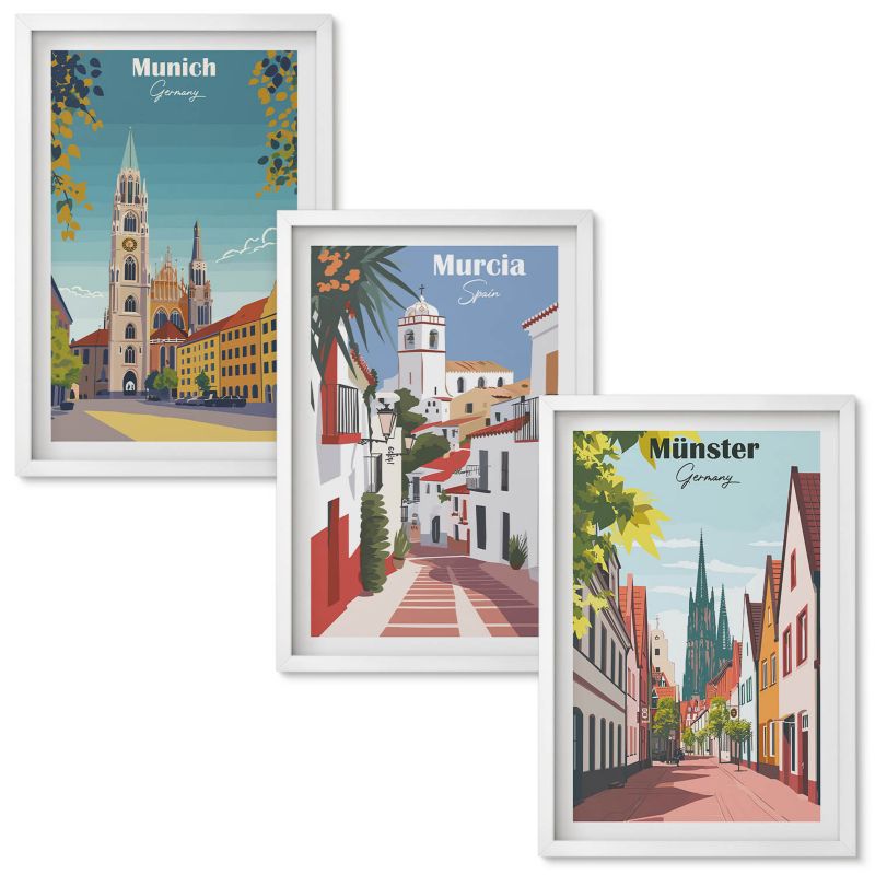 Zestaw Obrazów w Ramie Wallfluent Miasta Europy kolorowe rysunki Biała rama 40x60 cm 3 szt.