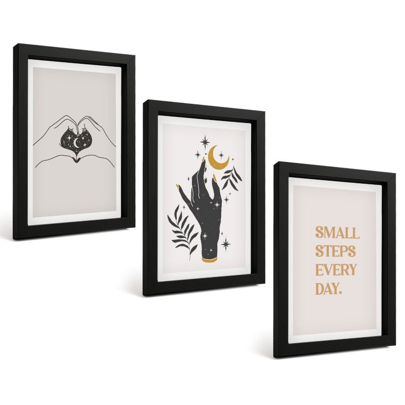 Komplet 3 Obrazów w Czarnej Ramie ArtPrintCave 20x30 cm Grafika Ścienna Minimalistyczne ilustracje boho 1 kpl.