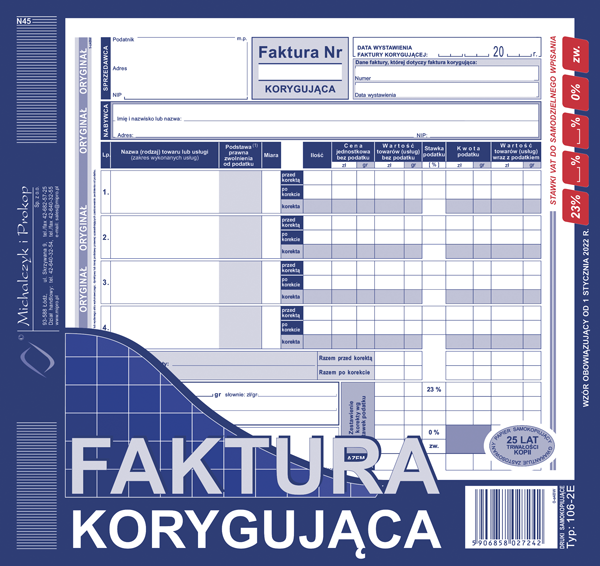Faktura korygujaca MiP 106-2E, 2/3 A4, oryginał+kopia, 80k